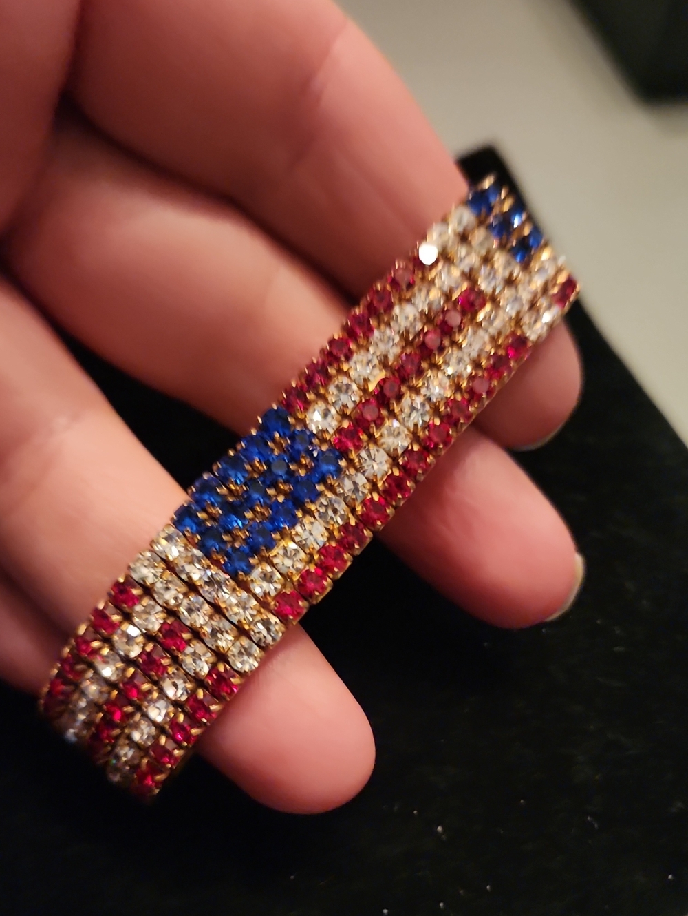 Crystal Rhinestone American Flag Stretch Bracelet - Red White Blue
